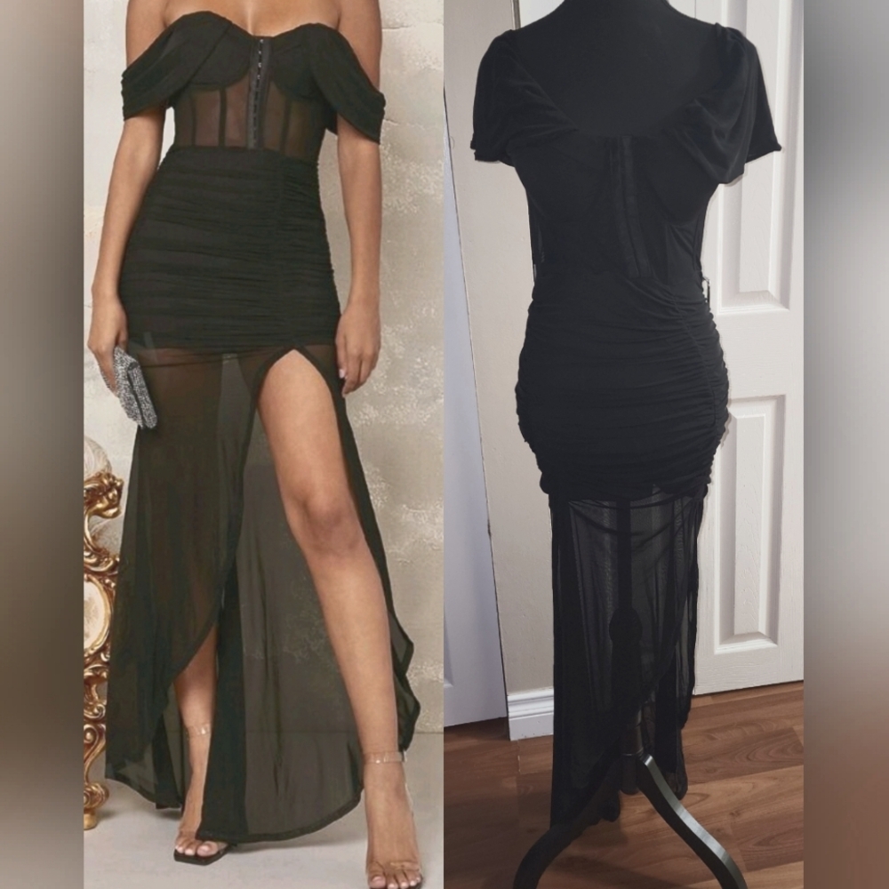 Corset split mesh overlay dress